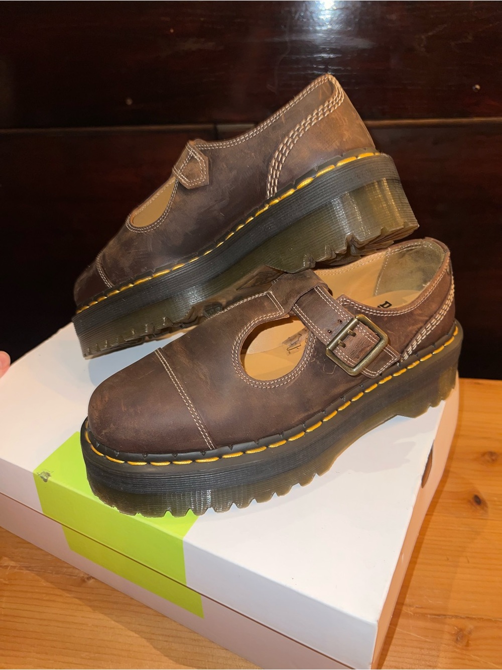 Dr. Martens Brown Leather Platform Mary Jane Shoes with Yellow Stitching